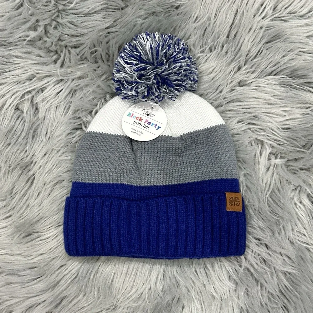 Kids Block Party Fleece Lined Pom Winter Hat‎ Size 3y+